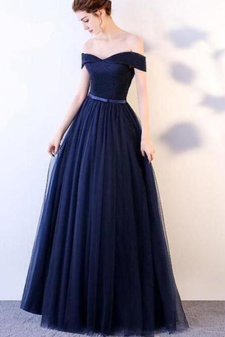 Off Shoulder Navy Blue Tulle Sweetheart Long Prom Dress