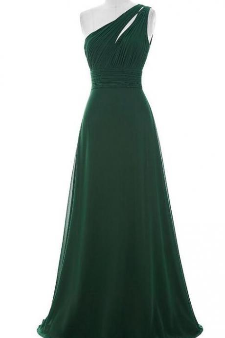 Sleeveless One Shoulder Chiffon Green Long Prom Dress