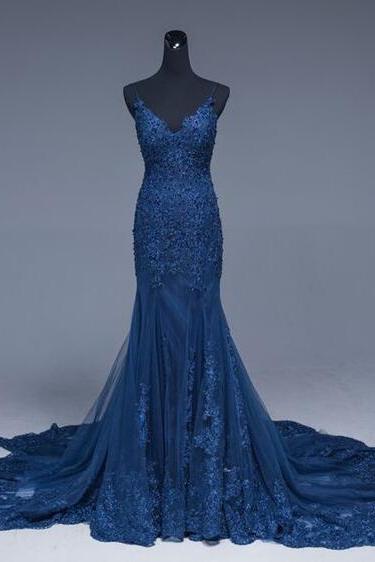 Mermaid Navy Blue Lace Appliqued Formal Dresses