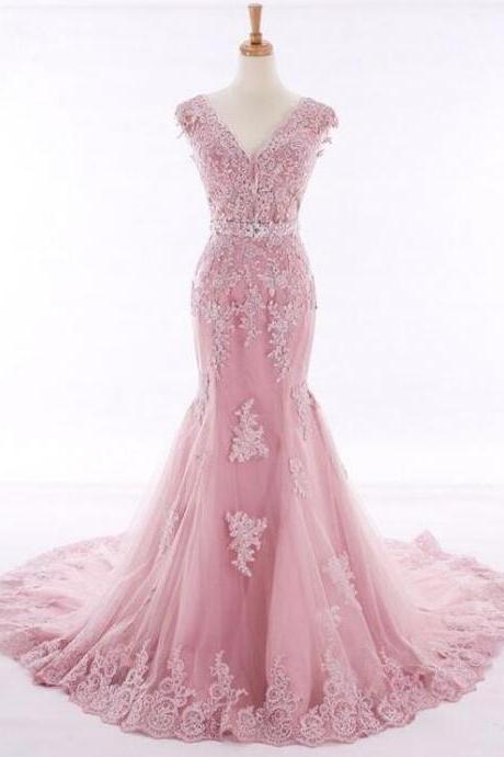 Mermaid Pink Lace Evening Gown With Open Back