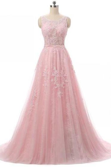 Pink Tulle Prom Dress Lace Appliques A-line Women Evening Dress