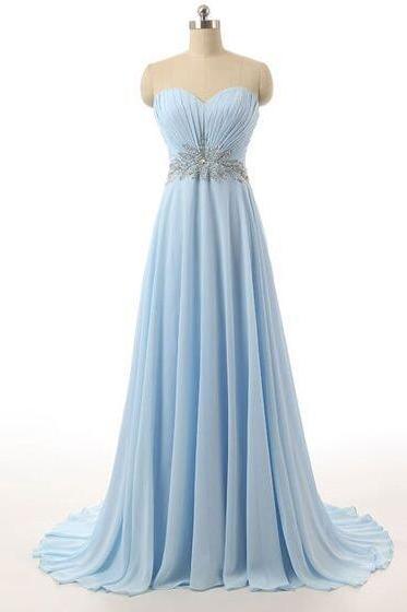 Floor Length A-line Sky Blue Chiffon Prom Dress