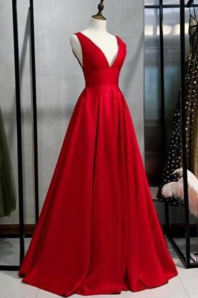 Red Satin V-neckline Party Dress, Prom Dress