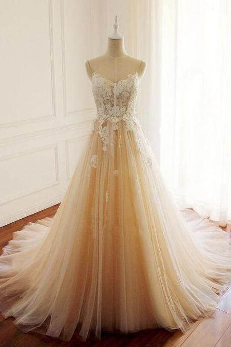 Champagne Tulle Lace Applique Long Prom Dress