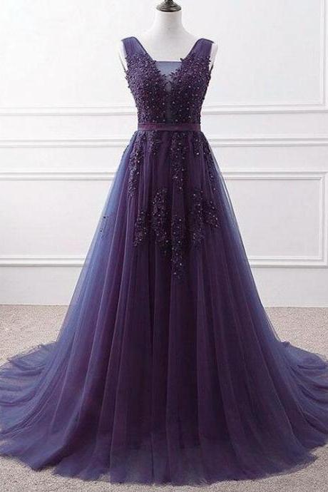 Purple Tulle V-neckline Long Party Dress