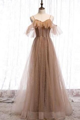 A Line Champagne tulle sequin long prom dress