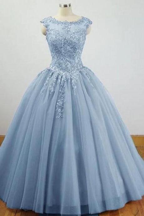 Ball Gown Blue Tulle Long Sweet 16 Dress With Lace