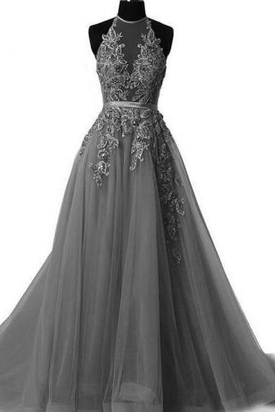 Grey Halter Lace Applique Tulle Prom Gowns, Grey Party Dresses