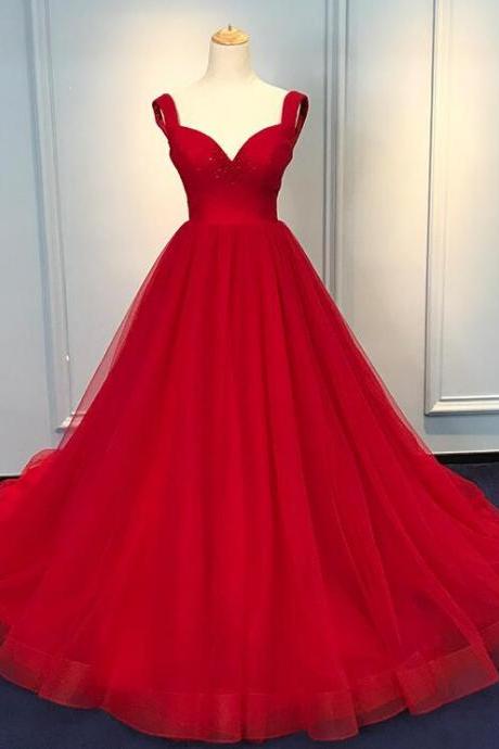 Gorgeous Sweetheart Red Tule Party Gown, Red Tulle Straps Formal Dress