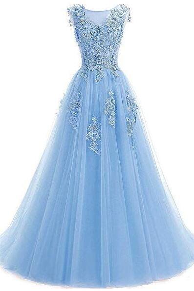A Line Blue Scoop Lace Tulle Prom Dress