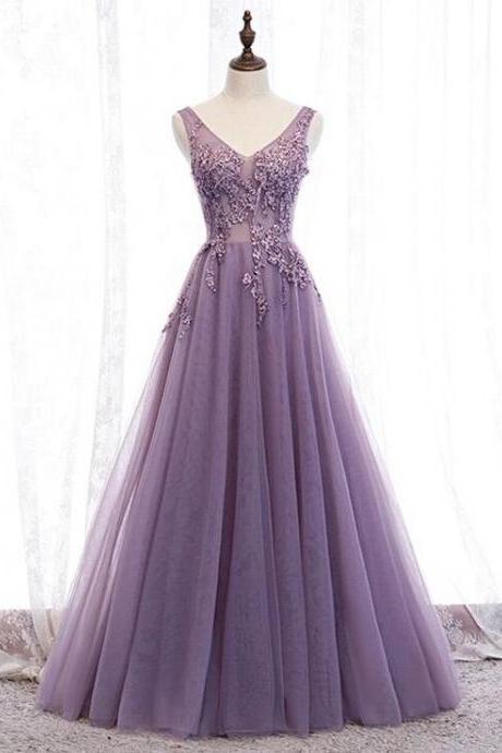 A Line Purple Beading Appliques Tulle Prom Dress