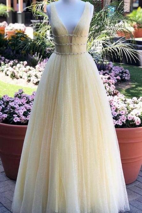 Long Yellow Sparkly Prom Dresses With Beading