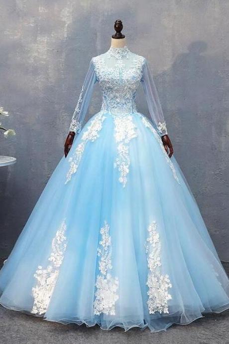 A Line Blue Tulle Lace Long Prom Dress Evening Dress