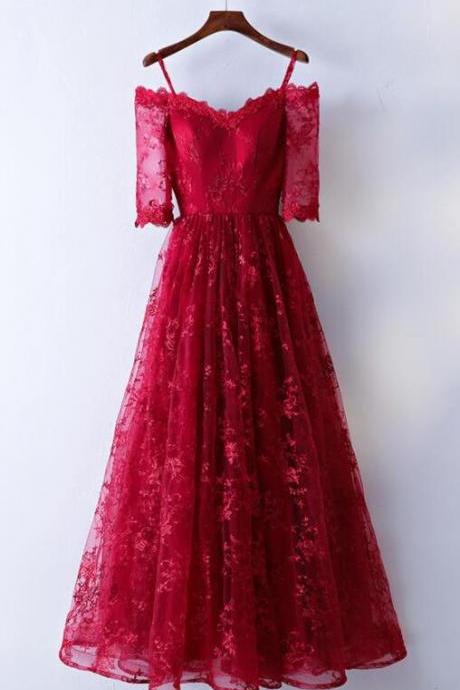 Off Shoulder Short Sleeves Dark Red A-line Formal Dresses, Prom Dresses