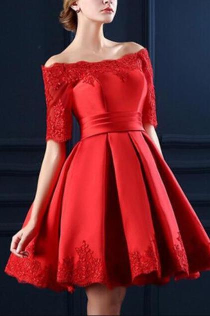 Off Shoulder Satin Knee Length Party Dress With Lace-up Back