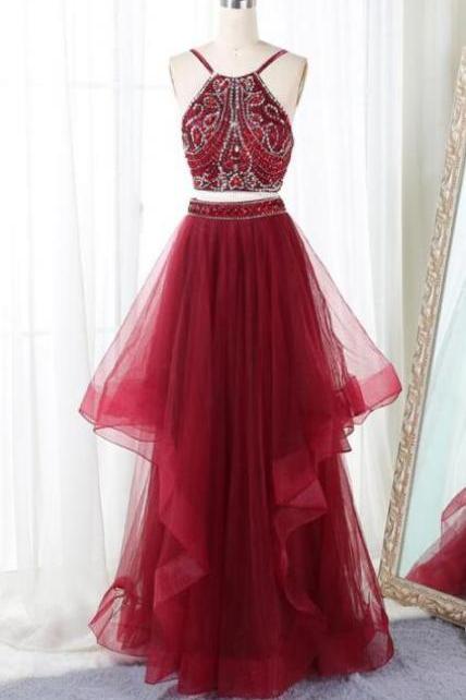 Wine Red Backless Beaded Two Piece Formal Dresses