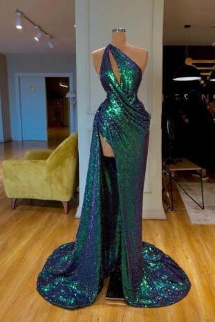 Sexy One Shoulder Dark Green Sequin Evening Gown With Slit