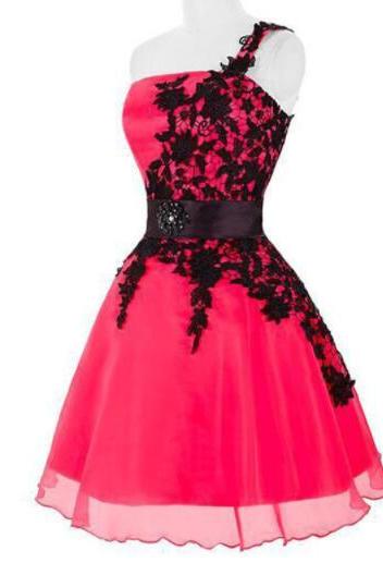 Cute One Shoulder Hoco Prom Dress With Black Lace