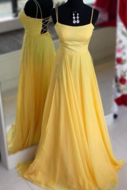 Long Yellow Chiffon Prom Dress With Tie Back