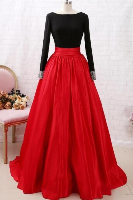 Beauty Long Sleeves Black Red Ball Gown Prom Dress Formal Evening Dress