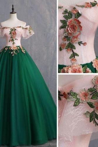 Floor-length Off-the-shoulder Dark Green Prom Dresses Ball Gown Appliques Lace Short Sleeve Backless Dress