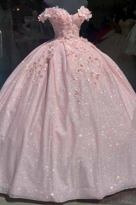 Sweetheart Prom Dress Ball Gown Pink Glitter Party Dress