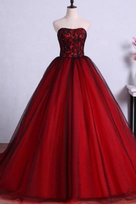 Charming Sweetheart Red Ball Gown Prom Dresses Tulle Evening Gowns