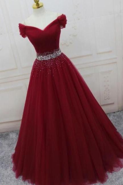 Off Shoulder Ball Gowns Wine Red Elegant Princess Prom Gown