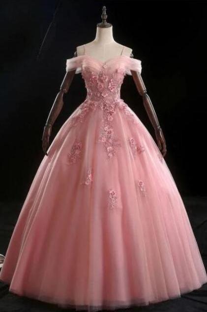 Off Shoulder Pink Ball Gown Prom Dress With Flowers