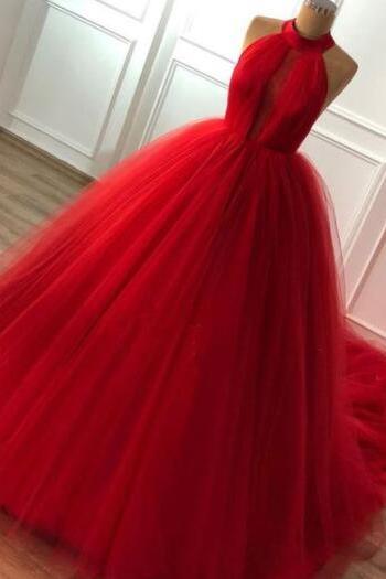 Elegant Halter Red Tulle Ball Gown Prom Dresses