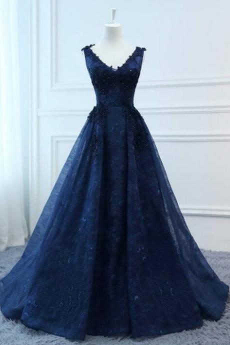 Fashionable Long Navy Blue Evening Dresses Foral Tulle Dress Women Formal Party Gown