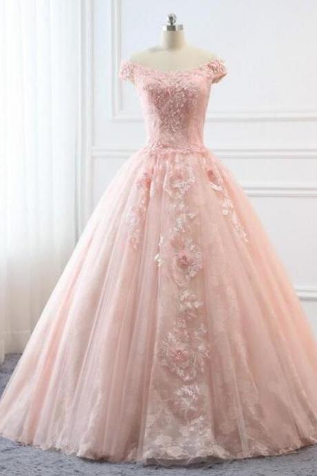 Ball Gown Light Pink Prom Dress Long Quinceanera Dress Floral Flowers Wedding Bride Gown