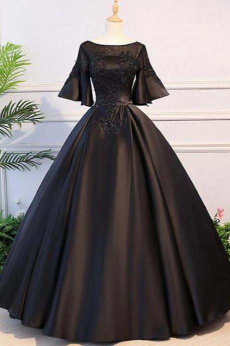 Open Back Mid Sleeve Black Satin Long Applique Evening Dress