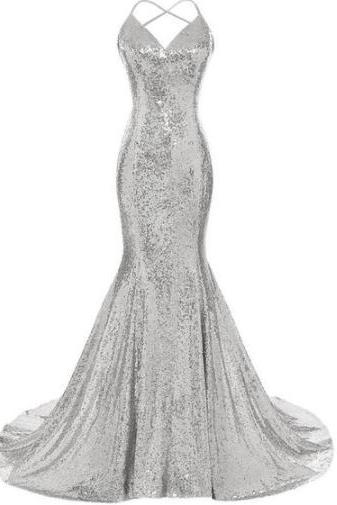 Spaghetti Straps Mermaid Sequins Prom Dress V Neck prom dresses