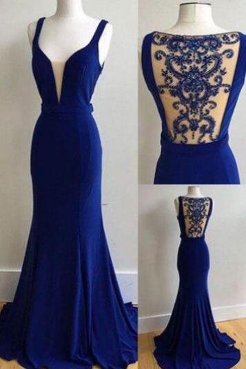 Elegant royal blue chiffon long prom dress with beading