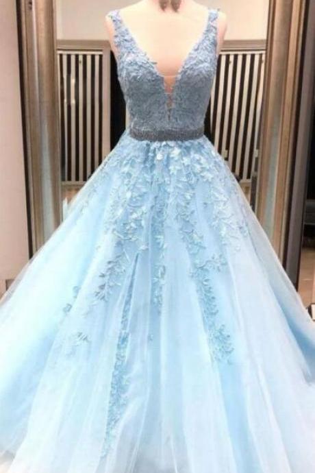 A-line Blue Lace Appliques Long Tulle Prom Dresses