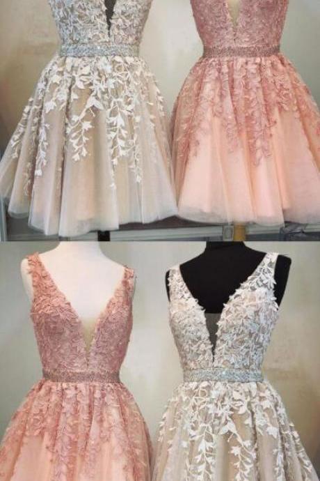 A-line V-neck Beaded Short Tulle Prom Homecoming Dresses