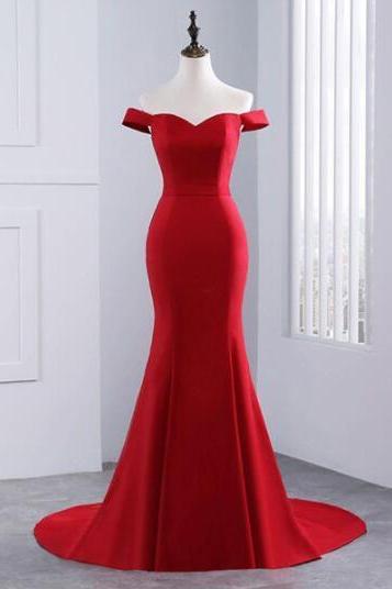 Elegant Off The Shoulder Red Prom Dress, Long Evening Gown