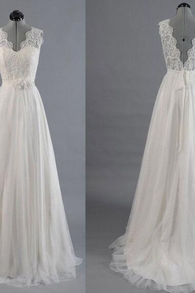 Charming V Neck Lace Wedding Dresses with Sash
