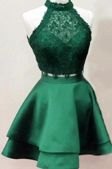 Two Piece Dark Green Homecoming Dresses,Emerald Green Homecoming Dresses