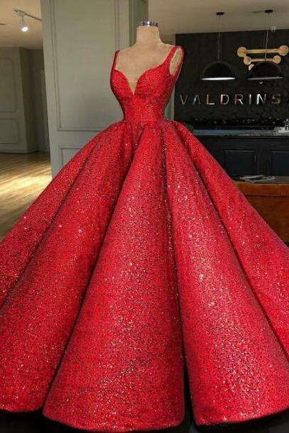 Beauty Ball Gown Sweep Train Red Sequin Prom Dress 