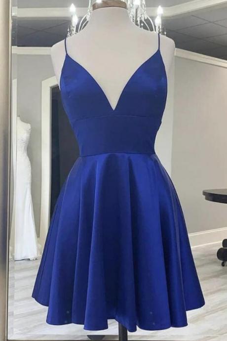 Cute V Neck Backless Short Royal Blue Prom Dress With Straps