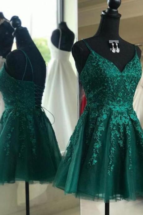 A Line Short Backless Green Lace Formal Graduation Homecoming Dress