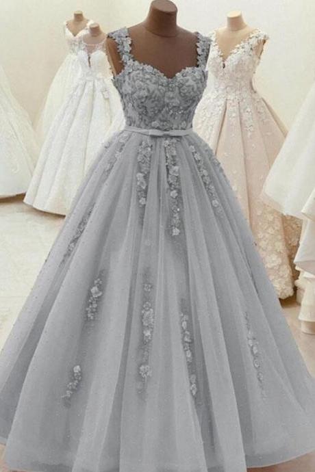 Sweetheart Neck Beaded Gray Floral Lace Prom Dress, Grey Floral Lace Formal Dress
