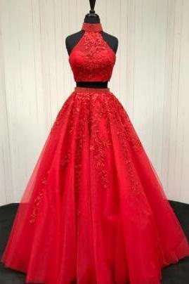 Charming Two Piece Sexy Beaded Appliques Prom Dresses