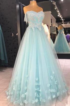 Sexy Tulle Baby Blue Appliques Prom Dress,formal Dresses