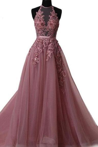 Simple Lace Tulle Backless Long Prom Dress, Evening Dress