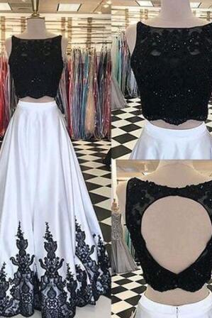 Sexy Two Piece Black Long Prom Dresses With Laceappliques