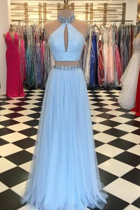 Light Blue Beaded High Neck Two Piece Prom Dress