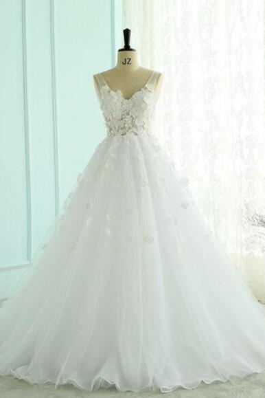 White V Neck Backless Long Wedding Dress, Lace Evening Dress